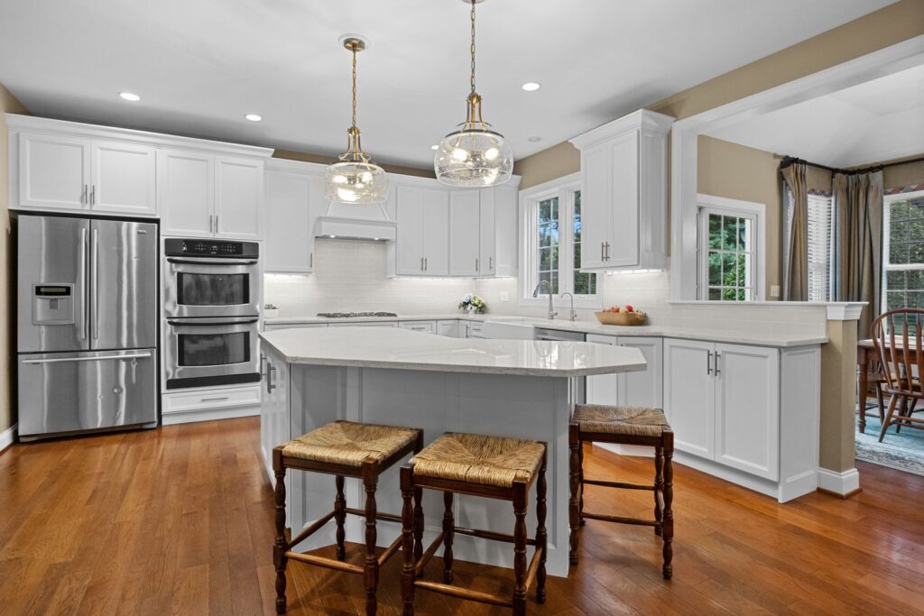 White cabinet refacing with custom island in West Chester, Chester County, PA