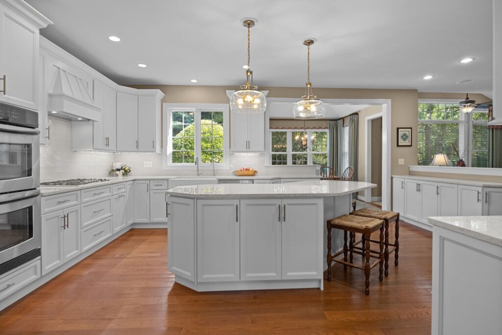 White traditional cabinet refacing with custom center island in West Chester, Chester County, PA