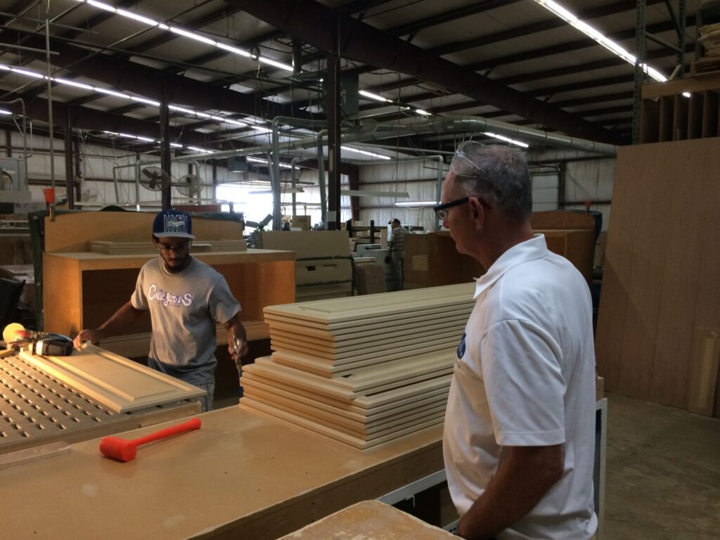 Kitchen cabinet refacing shop work, cabinet doors being produced for installation